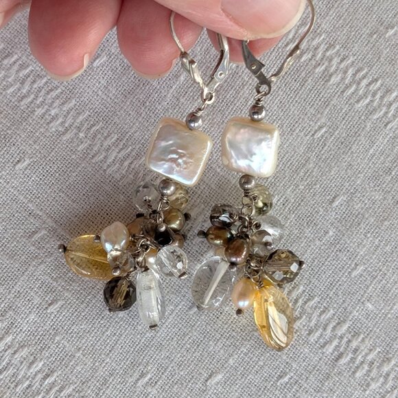 Long Sterling Cha-Cha Dangle Earrings with Golden Gemstones and Pearls - Picture 7 of 10